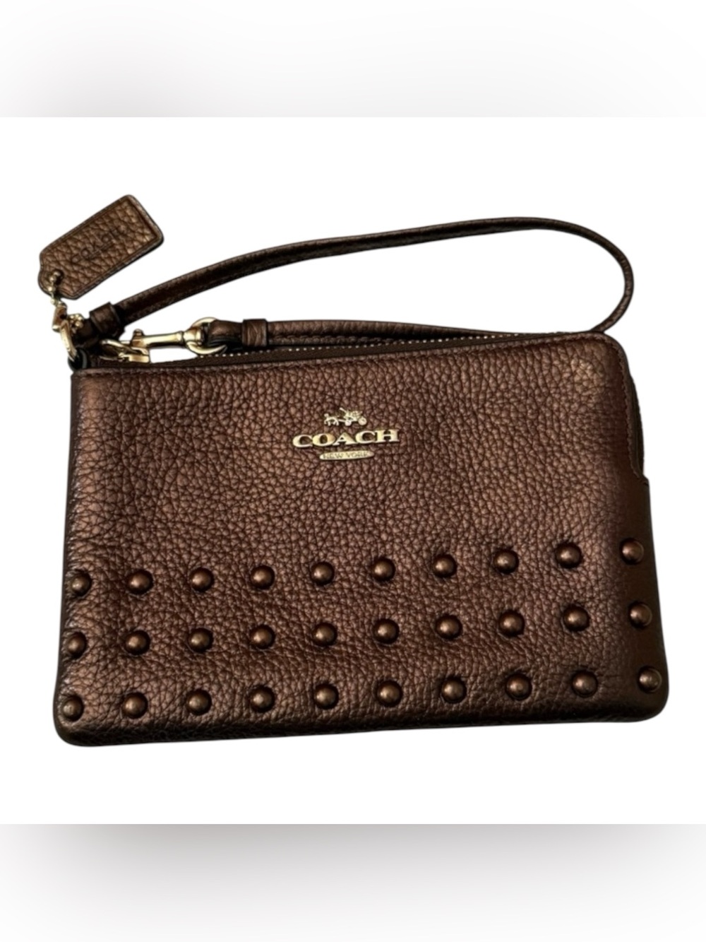 COACH Bronze Lacquer Rivets Pebble Leather Wristlet